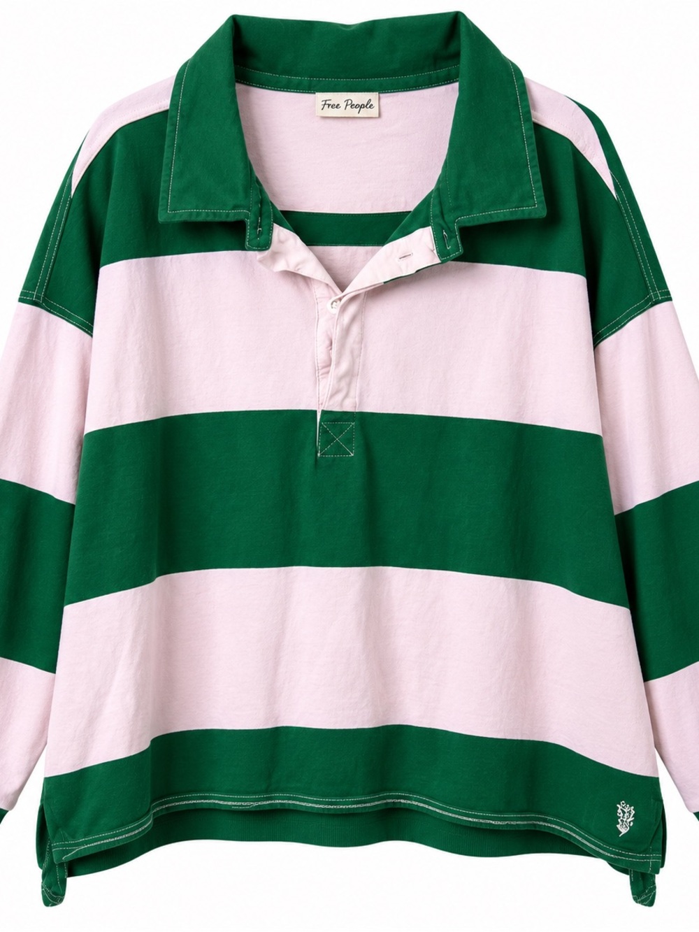 Free People Pink & Green Striped Rugby Polo Shirt Size Medium